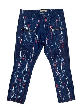 GS-115 Navy Straight Jeans with Red & White Paint Splatter